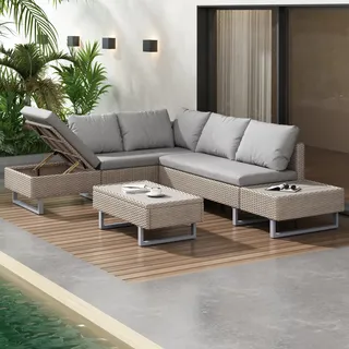 Merax Polyrattan Lounge Gartenlounge Set 4-5 Personen, 3-tlg. Gartenmöbel set mit verstellbarem Ecksofa und Tisch, Terassenmöbel Balkonset Sitzgruppe - Grün