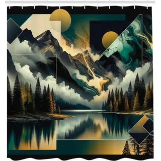 ABAKUHAUS See Duschvorhang, Mysteriöse Szene bewölkter Berge und Kiefern mit geometrischen Runden, Stoffliches Gewebe Badezimmerdekorationsset mit Haken, 175 x 200 cm, Teal Erdfarben Grau