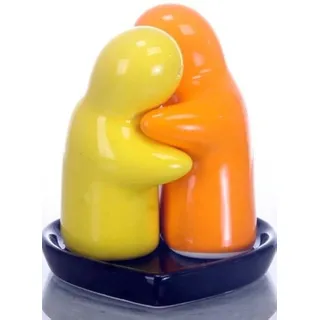 Salz und Pfefferstreuer Set , Salz und Pfefferstreuer , Keramik ,lovers , (gelb/orange) mit schwarzem Herz Untersetzer