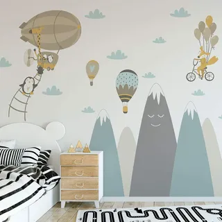 Wandaufkleber, selbstklebend, für Kinder, Riesen-Dekoration, skandinavische Berge für Kinderzimmer, Baby/fliegende Tiere, 100 x 180 cm