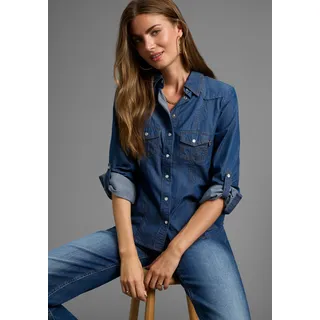 Jeansbluse ARIZONA "mit Druckknöpfen in Perlmuttoptik", Damen, Gr. 38, blau (dk blau used), Jeans, Obermaterial: 100% Baumwolle, Basic, figurbetont, mit Druckknöpfen, Blusen Jeansbluse, und Krempelärmeln, Topseller
