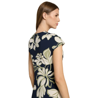 Midikleid BETTY BARCLAY "Midikleid mit Raffung", Damen, Gr. 46, EURO, bunt (dunkelblau, grün), 95% Polyester PES. 5% Elasthan EL., Kleider Midikleid