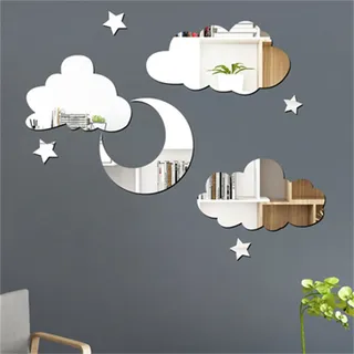 TROYSINC 3D Spiegel Acryl Wandaufkleber, DIY WandSpiegel Wand Aufkleber, Wolken Mond Stern Wandtattoo Wanddekor für Schlafzimmer Kinderzimmer