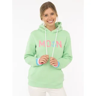 Hoodie ZWILLINGSHERZ "Rahel", Damen, Gr. L, grün (neon grün), Obermaterial: 50% Baumwolle, 50% Polyester, bedruckt, unifarben, hüftbedeckend, ohne Ausschnitt, Rippbündchen kontrastfarben, Sweatshirts Hoodie, mit "MOIN" und Anker Stickerei, kontrastfarbigen Ärmelbündchen
