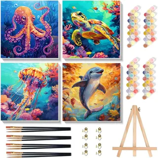 4 Stück Tiere Malen Nach Zahlen Kinder mit Rahmen und Holzstaffelei 20x20cm | Oktopus Meeresschildkröte Tintenfisch Delfin Malen Nach Zahlen ab 5 6 7 8 9 10 Jahre Mädchen, Paint by Numbers für Home Décor