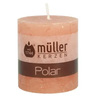 Müller Kerzen Polar Stumpenkerzen, 68 x 75 mm, Raureif-Effekt, Rustikale Indoorkerzen, leicht transparent und brennen ca. 28 Stunden, 1 Packung = 4 Stück, Farbe: zart orange
