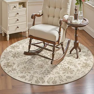 Generisch Teppich Rund,Vintage, klassisch, floral, orientalisch, traditionelles Muster, Taupe, ø 90 cm, rutschfeste Waschbar Kurzflor Teppiche In- & Outdoor, Anti-Rutsch Unterseite,