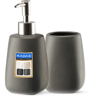 KADAX 2-teiliges Badezimmer Set aus Keramik, Badaccessoires, Badzubehör, Seifenspender, Badezimmerbecher, Seifenschale und WC-Bürste (Becher&Spender Anthrazit)