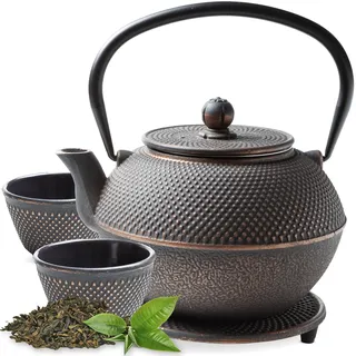 Tealøv TEEKANNE GUSSEISEN SET 1,1 L IN GESCHENKBOX | Komplettes Teeservice aus Gusseisen | Gusseiserne Teekanne mit Siebeinsatz, Teetassen & Untersetzer | Teeset im Japanischen Stil | Schwarz/Kupfer