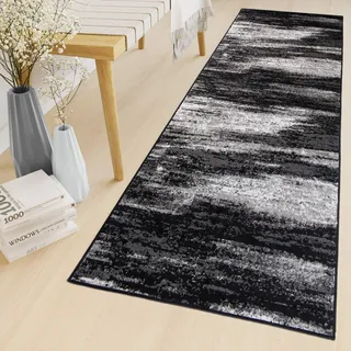 TAPISO Maya Teppich Läufer Meterware Kurzflor Wohnzimmer Flur Küche Modern Brücke Grau Weiß Schwarz Verwischt Meliert Design ÖKOTEX 100 x 400 cm