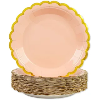 DHAIQC Pappteller Rosa Gold 50 Stück, 23cm Partyteller Rosa mit Gold Goldrand Einwegteller Pappteller Geburtstag Kuchenteller Partygeschirr für Geburtstag Hochzeiten Jubiläums
