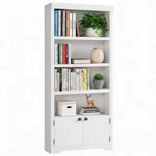 IDEALHOUSE Landhaus Bücherregal 175 cm, Bücherschrank Mit 5 Ebenen-2 Türen | Standregal mit verstellbare rutschfeste Einlegeböden, offenes Aufbewahrungsregal für Homeoffice&Wohnzimmer