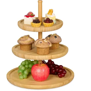 Relaxdays Etagere Bambus H: 25 cm D: 30 cm 3-stöckige Obstetagere aus Holz mit 3 runden Schalen zur Ablage von Gebäck, Kekse, Party-Snacks, Nüsse, Süßigkeiten als Obstteller und Servierplatte, natur