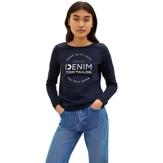 TOM TAILOR Denim Damen 1039817 Sweater mit Logo-Print & Raffarm, 10668-sky Captain Blue, M