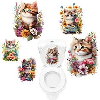 5 Stück Toilettenaufkleber Deckel Süße Katze und Blume Selbstklebend PVC Deckel WC Aufkleber Badezimmer Wandtattoo Sticker Wasserdicht Toilette Aufkleber