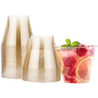 MATANA 30 Premium Plastikbecher, Partybecher, Trinkbecher mit Goldglitter (255ml / 9oz) - Hartplastik Becher, Kunststoffbecher, Mehrwegbecher, Cocktailgläser, Plastikgläser für Hochzeiten & Partys