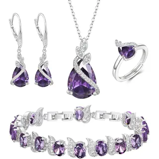 Clearine Hochzeit Schmuck-Set für die Braut, Teardrop Lila Zirkonia Halskette Leverback Ohrringe Tennis Armband und einstellbare Ring Set Geschenk für Muttertag / Jubiläum / Geburtstag