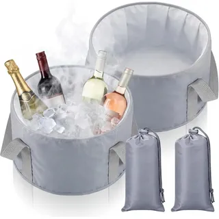15L Flaschenkühler, 2 Stück Groß Sektkühler Schale mit Griffen, Getränkekühler Faltbar mit Aufbewahrungstasche für Wein Bier Champagner Getränke (Grau)