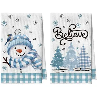 Artoid Mode Blau BüffelKaro Schal Schneemann Bäume Believe Weihnachten Küchentücher Geschirrtücher, 42x65 cm Mikrofaser Saugfähig Küchen Deko 2er Set