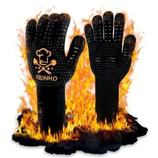 Grillhandschuhe Hitzebeständig bis 800°C, 3-Lagige Schutzhandschuhe mit EN407/EN388, Extrem Hitze- und Kältebeständig, Feuerfeste Handschuhe für Küche Grill BBQ Ofenhandschuhe, Schwarz (XXL)