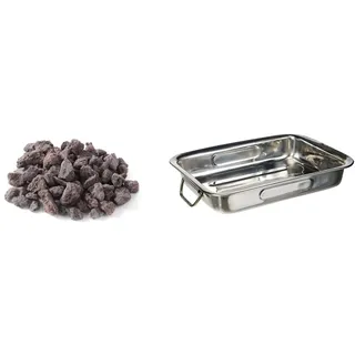 HENDI Lavasteine, Fein, Lava Rock, geeignet für unterschiedliche Gasgrilltypen, 3kg, Box & IBILI Bräter mit Griffen 25x19x5,5 cm aus Edelstahl, Silber, 23 cm