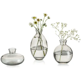 Glasseam Kleine Vasen für Tischdeko Handmade, 3er Grau Mini Vase Glas | Verschiedene Groessen, Blumenvase Modern, Hydroponic Glasvasen Set, Hochzeit Tisch, Wohnzimmer, Badezimmer, Couchtisch