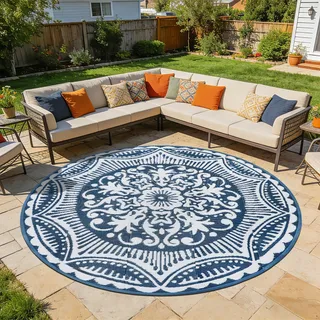 Capslpad Outdoor Teppich rund Ø 240 cm, Balkon Teppich, Kunststoff Camping Teppich, Leichtgewicht Picknickdecke, Vorzeltteppich Outdoorteppich für Balkon, Picknick, Camping, Garten, Blau