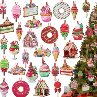 FAINCA 30 Stück Weihnachtsbaum Anhänger Weihnachtsbaum mit Aufhängeseil Baumschmuck Holz Glatte Kanten ohne Grate Christbaumschmuck Holz Verschiedene Muster für Decken Türrahmen Fenster