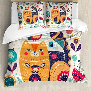ABAKUHAUS Katze Bettbezugs Set Für Doppelbetten, Skandinavisch Blumen Motive, Milbensicher Allergiker geeignet mit Kissenbezügen, Hell Orange Zinnoberrot Babyblau Eierschalenfarben - Orange