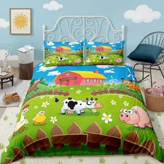 Bettwäsche-Set Kinder Bauernhof Kuh Schwein 200x200cm Blauer Himmel Mikrofaser 3-teilig Reißverschluss Mehrfarbig