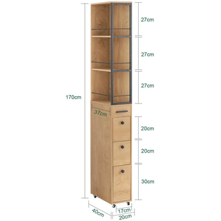SoBuy Hochschrank Natur , Naturfarben, Schwarz , Holz, Metall , 20x170x40 cm , Waschküche, Mehrzweckschränke
