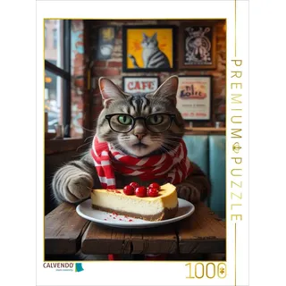 Calvendo Puzzle Café-Katze mit Brille und Kuchen – witziges Katzenbild im Hipster-Stil | 1000 Teile Lege-Größe 64x48cm Foto-Puzzle für glückliche Stunden
