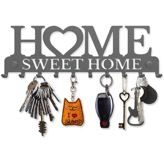 SirHoldeer Schlüsselbrett Home Sweet Home, Schlüsselboard Grau mit 10 Haken, Schlüssel Aufbewahrung, Schlüsselhaken Modern, Schlüsselhalter Wand, Key Holder Wall, Wanddeko Flur, Metall Deko