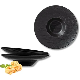 Wilmax | Tiefe Schalen - 2 Stück 27 cm / 250 ml | Schwarze Pastateller | Natursteintextur | Für Pasta, Suppen, Salate, Hauptgerichte | Kratzfester Suppenteller | Spülmaschinen- und Mikrowellenfest