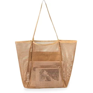MorLuks Mesh Strandtasche Khaki XXL, Beach Bag, Strandtasche mit Reißverschluss Innentasche, Strand Tasche Damen, Badetasche Groß, Faltbare Netztasche Handtaschen Strandbeutel