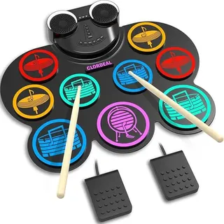 Schlagzeug Elektronisch, 9-Pad Digitales E Drum Set mit Lautsprechern/Kopfhöreranschluss, Tragbares Elektro Schlagzeug Kinder mit Bluetooth MIDI für Anfänger, 10 Stunden Laufzeit