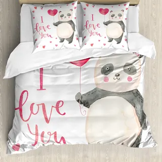 ABAKUHAUS Ich Liebe Dich Bettbezug, Panda-Ballon, Milbensicher Allergiker geeignet mit Kissenbezügen, 155 cm x 220 cm - 80 x 80 cm, Dunkle Coral Elfenbein Grau - Grau