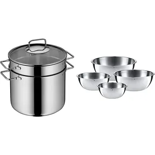 WMF Nudeltopf mit Sieb 24 cm Induktion, Kochtopf groß 7,0l, Spaghettitopf mit Glasdeckel, Pastatopf & Gourmet Schüsselset 4-teilig, Edelstahl Schüsseln für die Küche 0,75l - 2,75l, Rührschüssel