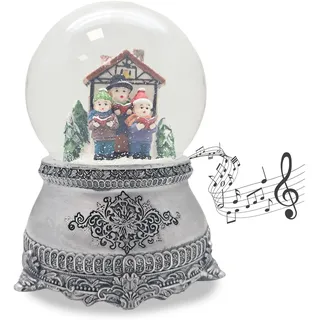 Schneekugel Weihnachten Spieluhr | Weihnachtssinger Fachwerkhaus | Sockel Zinn Ornamente | Höhe: 140mm, Breite 100mm | mit Musik | Schüttelkugel mit Weihnachtsmelodie | 20315