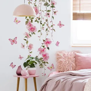 Fufuquare Rosa Blumenranke Wandtattoo Selbstklebend Wasserdicht Schmetterling Blumen Wandaufkleber für Wohnzimmer und Schlafzimmer