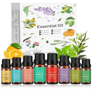 Ätherische Öle Set 8 x 10 ml, 100% Naturrein Aroma Duftöl Rosmarin, Bergamotte, Eukalyptus, Lavendel Pfefferminze, Zitronengras Bergamotte etc für Diffuser, Seife, Kerzen, Luftbefeuchter, SPA