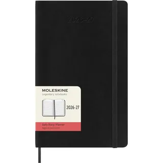 Moleskine Tageskalender 2026–2027 – 18-Monats-Kalender mit Softcover und Gummibandverschluss, Farbe Schwarz, Large-Format 13 x 21 cm