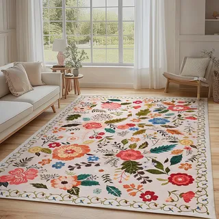 Waschbarer Wohnzimmerteppich Vintage Blumenmuster, 140x200cm, Beige Rosa