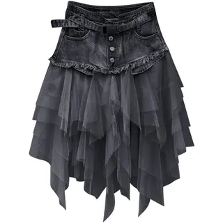 Hübscher Rock Bleistiftrock Damen Vintage Mesh Jean Röcke Gothic Unregelmäßiger Jeans Rock Mit Gürtel Rock Für Frauen Böhmische Hohe Taille Knopf Mini Röcke