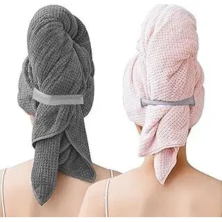 LLTLGF 2 Stück Groß Mikrofaser Handtuch Haare Lang, 103 x 60 cm Premium Haarturban mit Elastischem Band/Schnell Trocknend Super Saugfähig?Haartrockentuch im Waffeldesign,für Lange Haare(Grau & Rosa)