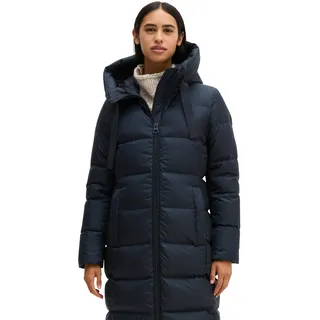 Daunenmantel MARC O'POLO, Damen, Gr. 38, blau (schwarz navy), Web, Obermaterial: 100% Polyester. Futter: 100% Polyester. Wattierung: 70% Daunen, 30% Federn, ca. Mitte Knie, Mäntel Daunenmantel, mit 2-Way-Zipper und großer Kapuze - aktuelle HW26-Kollektion