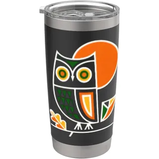 Retro Boho Eule Illustration | Mitte des Jahrhunderts Volkskunst Tier Doppelwandiger Edelstahl-Thermobecher