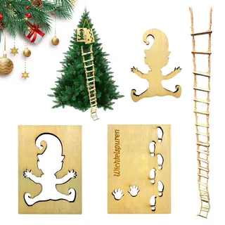 CHIHOLEN Wichtel Zubehör, Holz Wichtel Set Weihnachten Komplett mit 2 Wichtelschablone 1 Wichtelspuren 1m Wichtelleiter, für Deko Weihnachten Schneespray Fenster