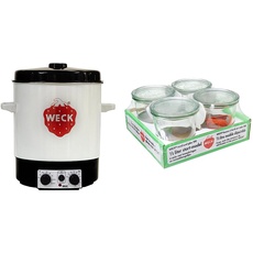 WECK Einkochautomat WAT 15 (Einkochtopf emailliert, Heißwasserspender & Einkochglas 500 ml (Rundrand Sturzform Einweckgläser Dessertgläser