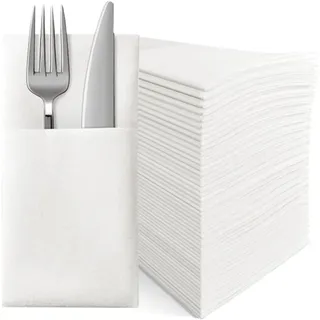 JINYUDOME Einweg-Servietten, Einweg-Handtücher, Leinen-Feeling, mit integrierter Bestecktasche, geeignet für Partys, Hochzeiten, Abendessen, 100Stück, Weiß